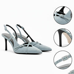 Tuhoomall Stylish High Heel Pumps for Office, Daily Wear, Featuring Pointed Toe and Buckle Closure, Comfortable 3.1 Inch Heels, Rubber Sole, Denim Material Tuhoomall