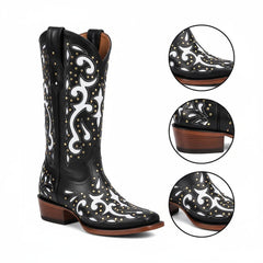 Tuhoomall Mid-Calf Western Boots with Glitter Inlays and Rivets for Casual Parties and Performances