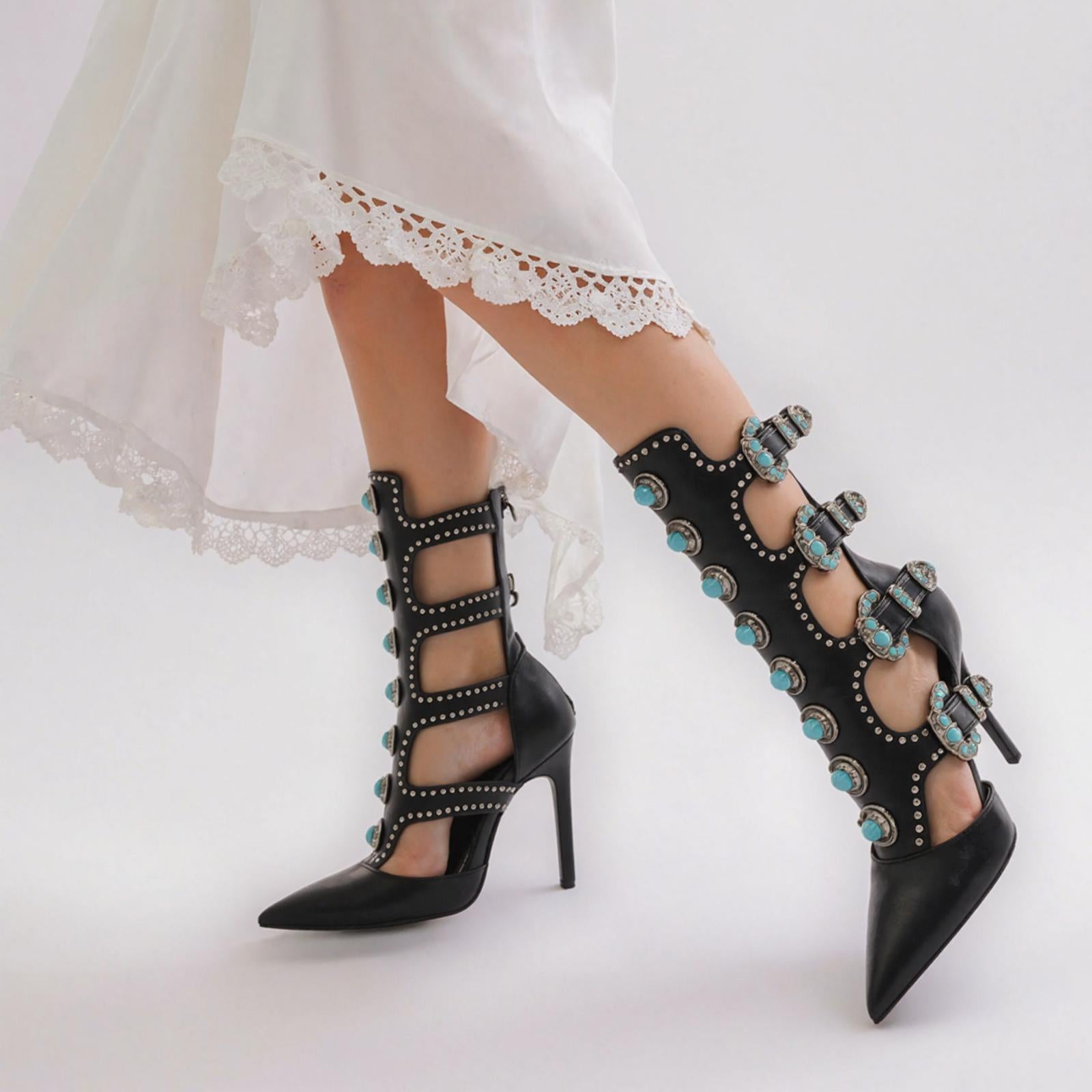 Tuhoomall Fashion Ankle Boots for Women with Chunky Heels, Pointed Toe, Embellished Design, Perfect for Casual, Performances, and Parties