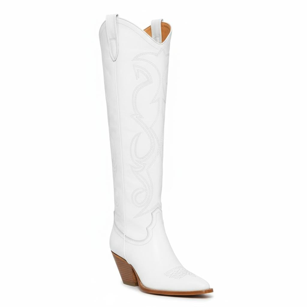 Tuhoomall Western Over-the-Knee Boots with Chunky Heel, Embroidered Vegan Leather for Fashionable Travel & Classic Style, Thigh-High Solid Color Design
