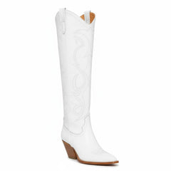 Tuhoomall Western Over-the-Knee Boots with Chunky Heel, Embroidered Vegan Leather for Fashionable Travel & Classic Style, Thigh-High Solid Color Design