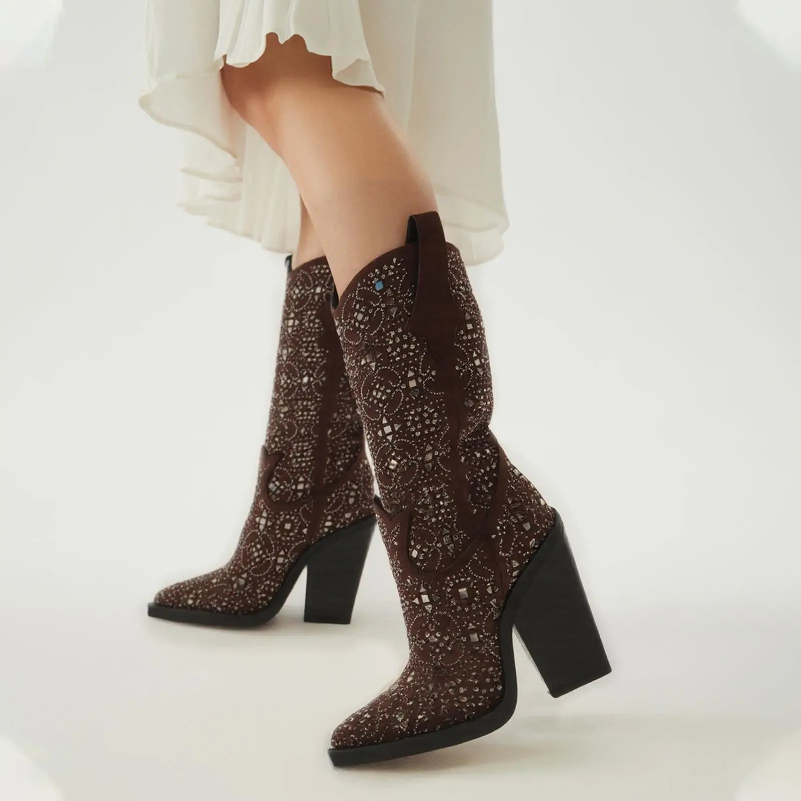 Tuhoomall Western Floral Embellished Mid-Calf Boots for Women, Comfortable Chunky Heel, Perfect for Bohemian Parties and Performances Tuhoomall