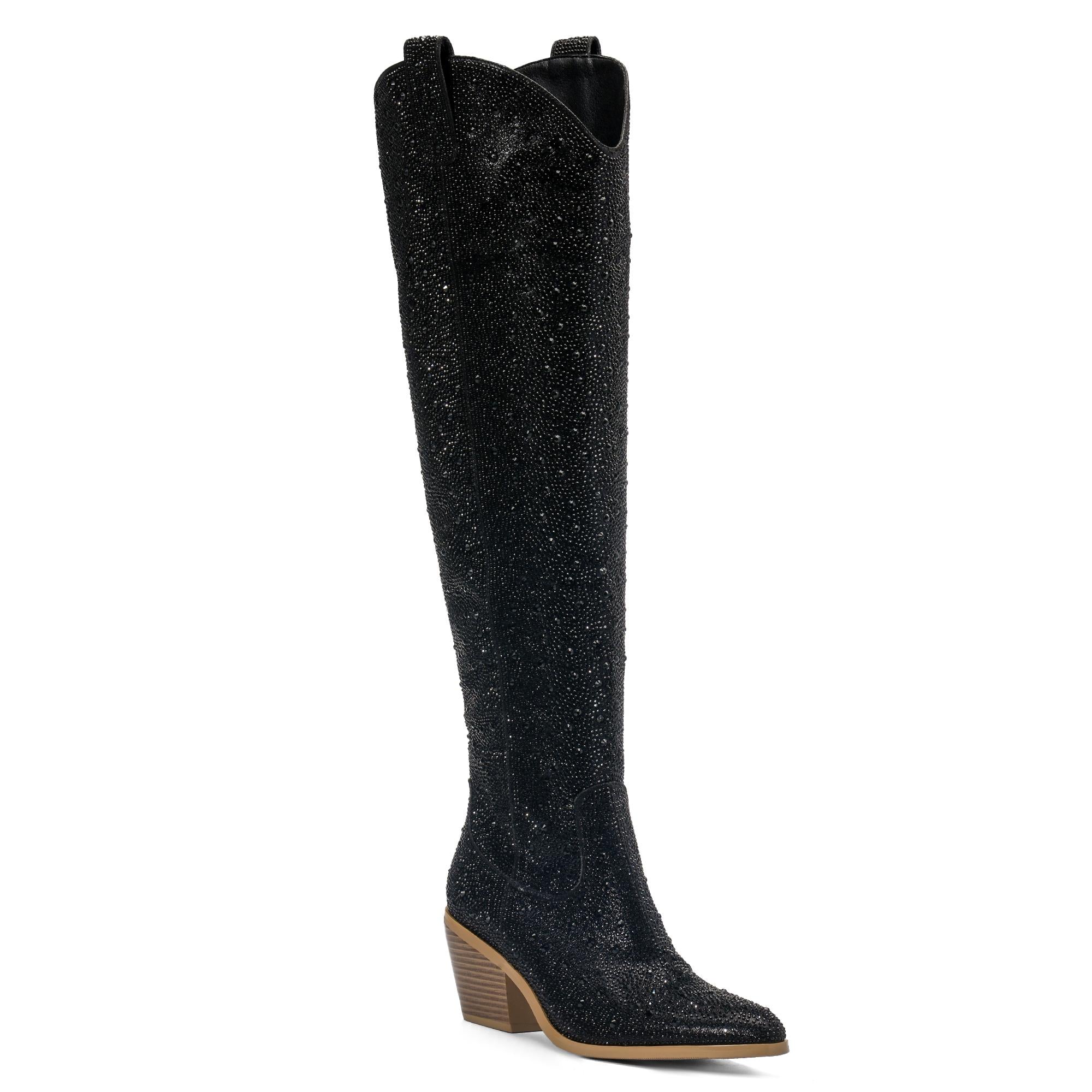 Tuhoomall Western Over-Knee Cowboy Boots With Chunky Heel, Rhinestone-Studded Vegan Leather, Casual All-Season Style, Round Toe, Zipper Closure