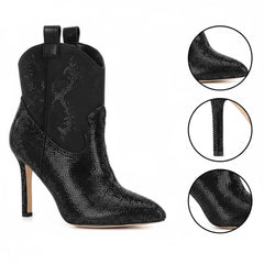 Tuhoomall Western Rhinestone Stiletto Ankle Boots, 3.54in High Heel, Slip-On Fashion for Parties and Casual Outings