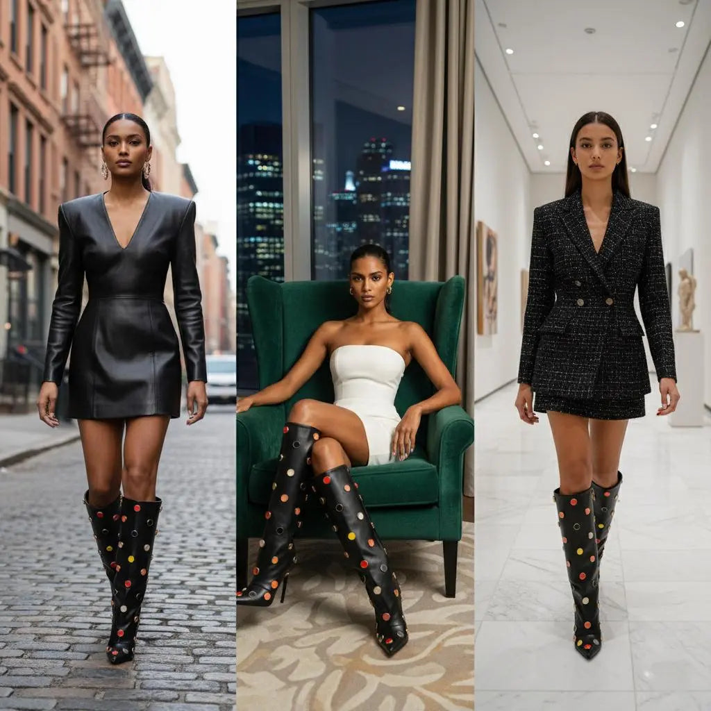 Tuhoomall Stunning over-the-knee High Heels Womens Boots with Polka Dot Pattern for Parties and Performances, Synthetic Leather, 12cm Heel Tuhoomall