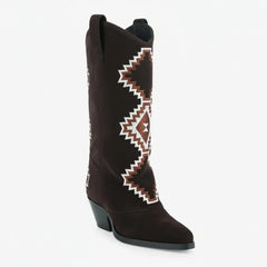 Tuhoomall Western Style Mid-Calf Booties with Colorful Geometric Patterns and Floral Embroidery - Perfect for Bohemian Chic Casual Outfits Tuhoomall