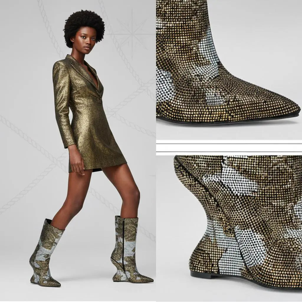 Tuhoomall Wedges Ankle Boots for Parties and Performances with Shimmering Rhinestones and Irregular High Heels Tuhoomall