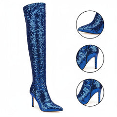 Tuhoomall Sapphire Blue Over-The-Knee Stiletto Boots, Pointy Toe, Sequin Embellishments for Fashion Shows and Parties