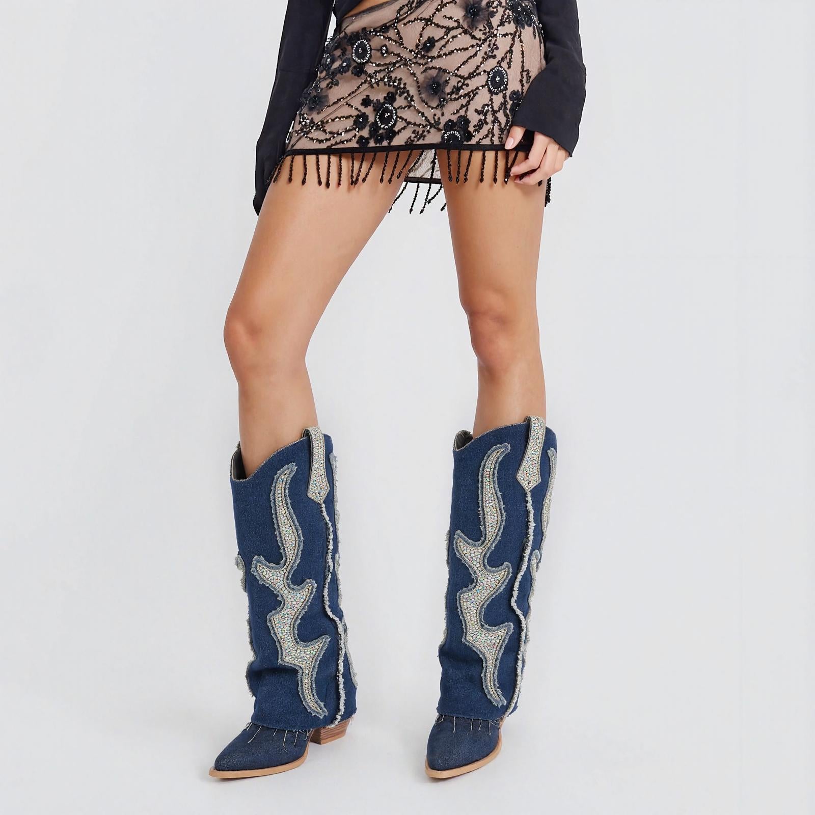 Tuhoomall Western Cowboy Boots for Women - Comfortable Rhinestone Foldable Design for Casual, Outdoor, or Party Wear