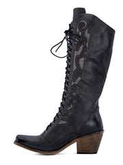 Tuhoomall Womens Chunky Heel Cowboy Western Boots  Lace Up Retro Mid Calf Boots Riding Snip Toe Cowgirl Riding Boots