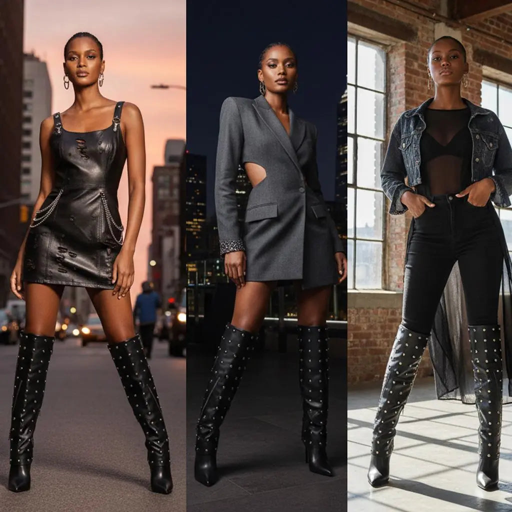 Tuhoomall Knee High Party Boots for Women, Two Piece Design with Studs and Zipper, Stylish High Heel 11.5cm, Perfect for Performances and Special Occasions Tuhoomall