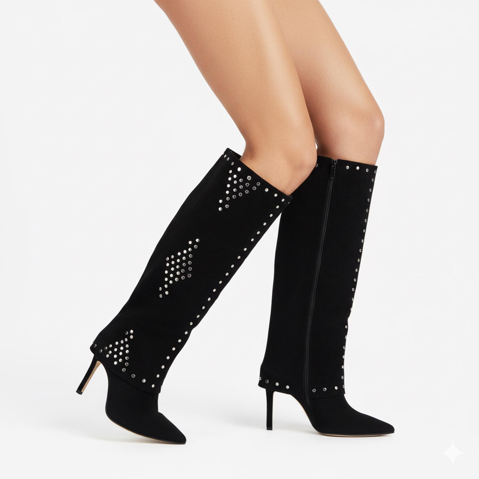 Tuhoomall Stylish Over-The-Knee Foldable Boots with Stiletto Heels and Studded Design for Parties and Casual Outings