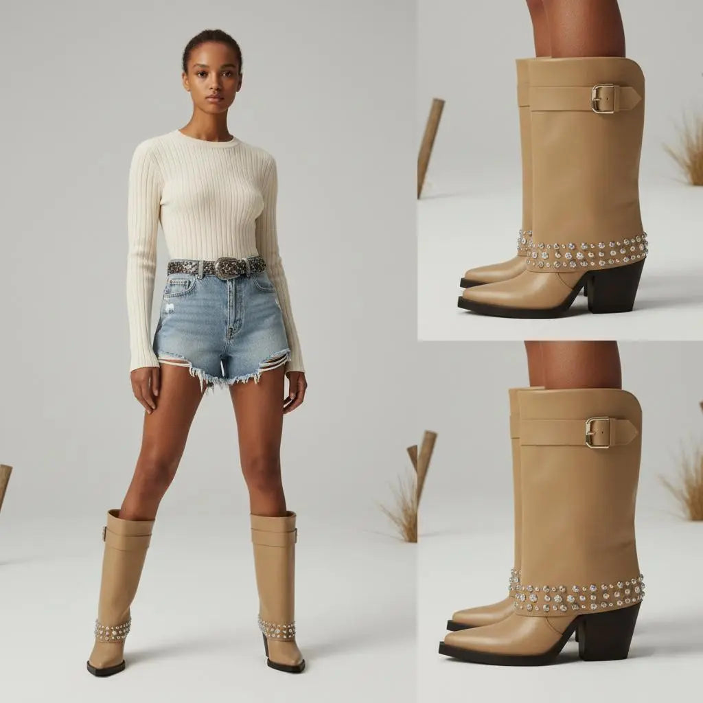 Tuhoomall Studded Ankle Boots for Women, Chunky Heeled, Adjustable Buckle, Versatile for Parties and Casual Wear Tuhoomall