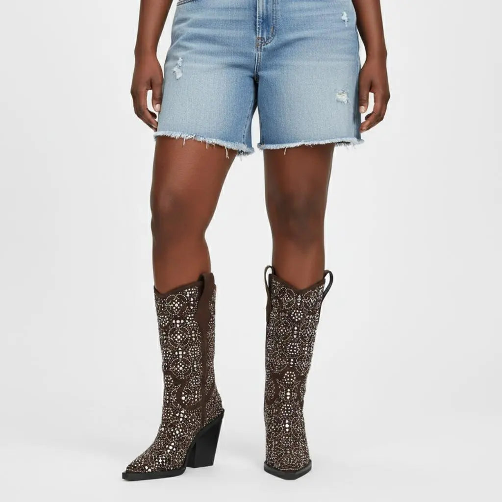 Tuhoomall Western Floral Embellished Mid-Calf Boots for Women, Comfortable Chunky Heel, Perfect for Bohemian Parties and Performances Tuhoomall