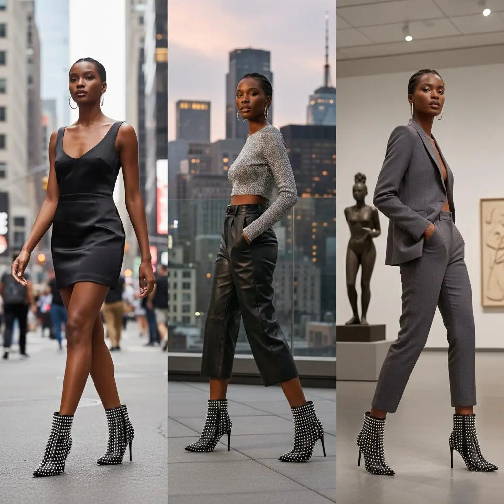 Tuhoomall Ankle Boots with Fringe and Rhinestones for Party Performance, Stylish High Heel, Polka Dot Design, All-Season Wear Tuhoomall