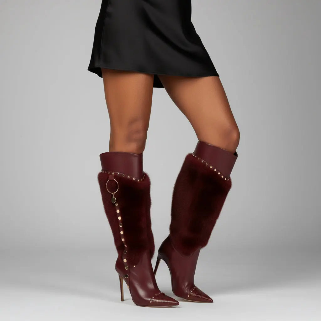 Tuhoomall Heel Fashion Boots for Women, Elegant Pointed Toe High Heels with Studs and Faux Fur, Ideal for Parties and Performances Tuhoomall