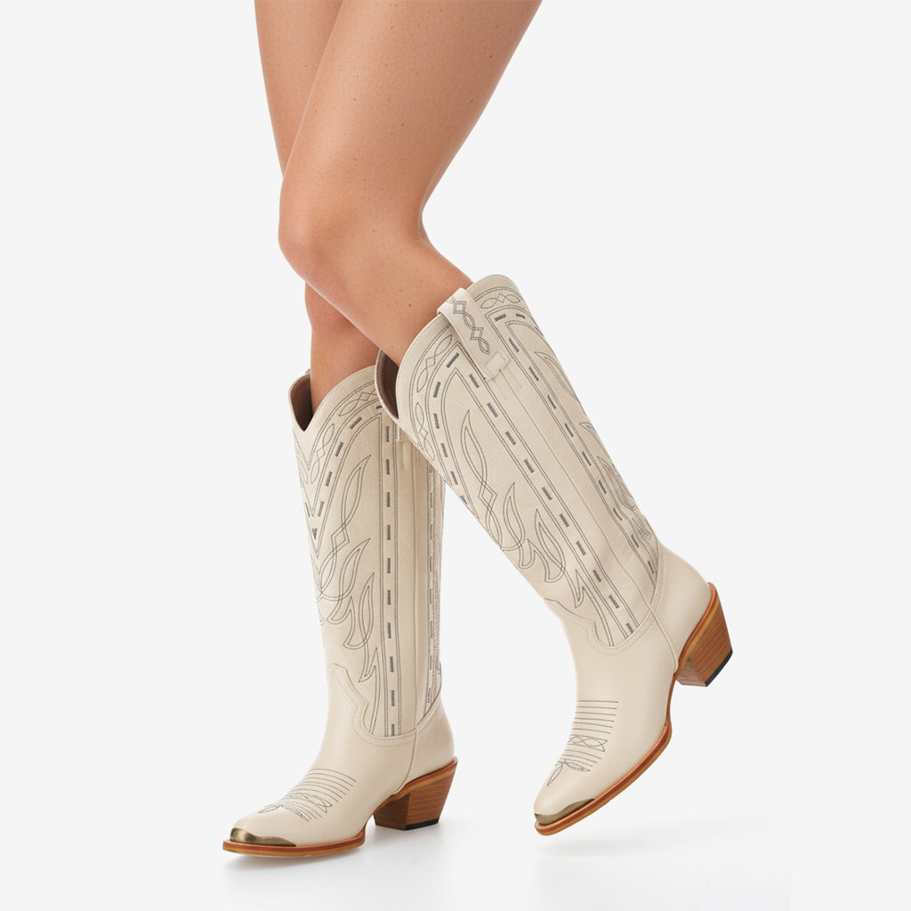 Tuhoomall Western Cowboy Boots for Women - Comfortable Embroidered Low Heel Mid-Calf Boots for Parties and Daily Wear