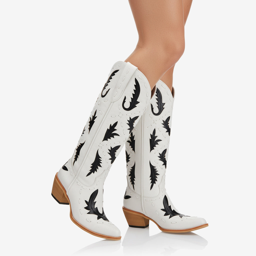 Tuhoomall Western Knee-High Cowboy Boots With Chunky Heel, Stylish Suede , Chic Patchwork Design For Comfort In Casual Outfits