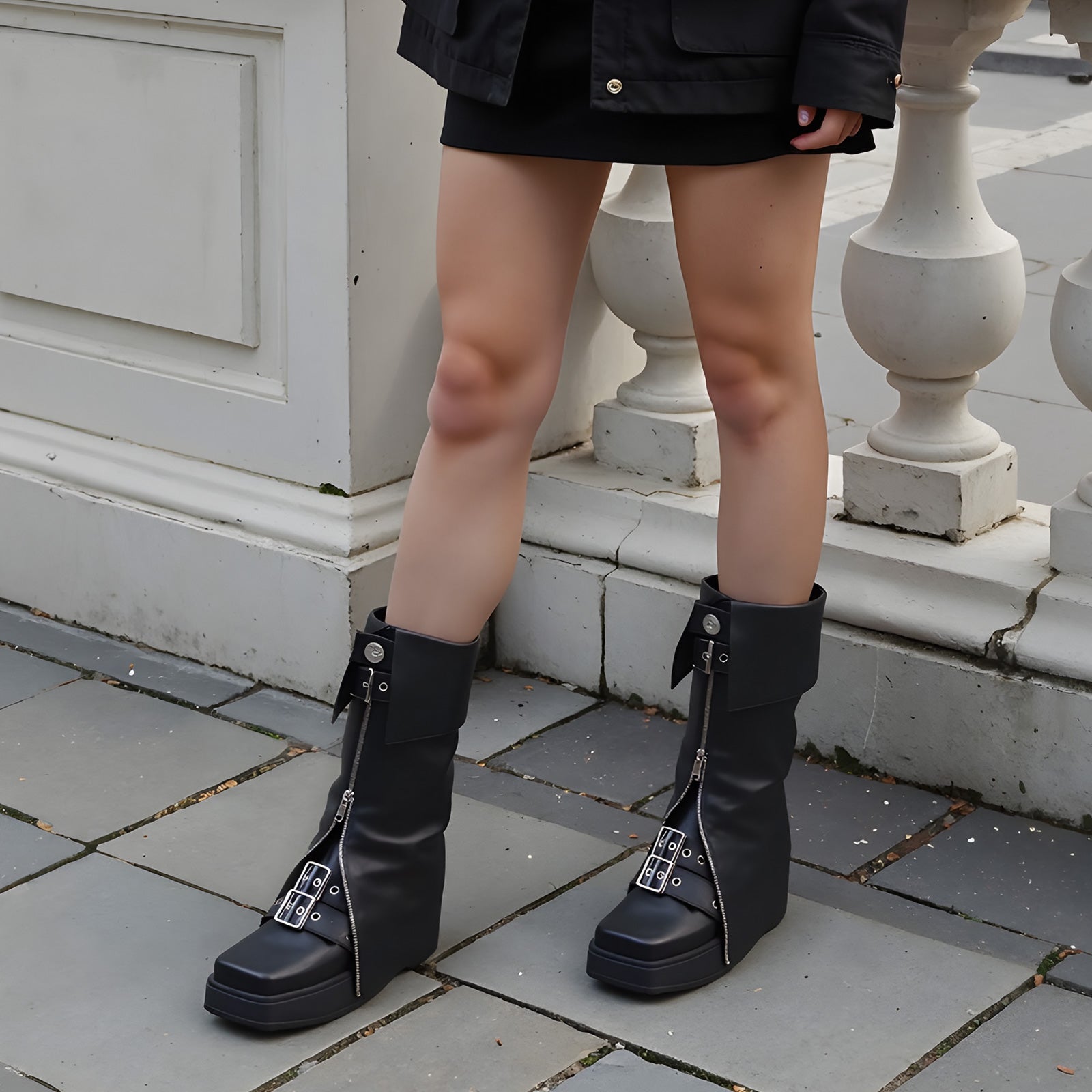 Tuhoomall Western Ankle Boots for Women, Stylish Waterproof Flat Booties with Zipper, Comfortable Thick-Soled Design for Parties and All Seasons