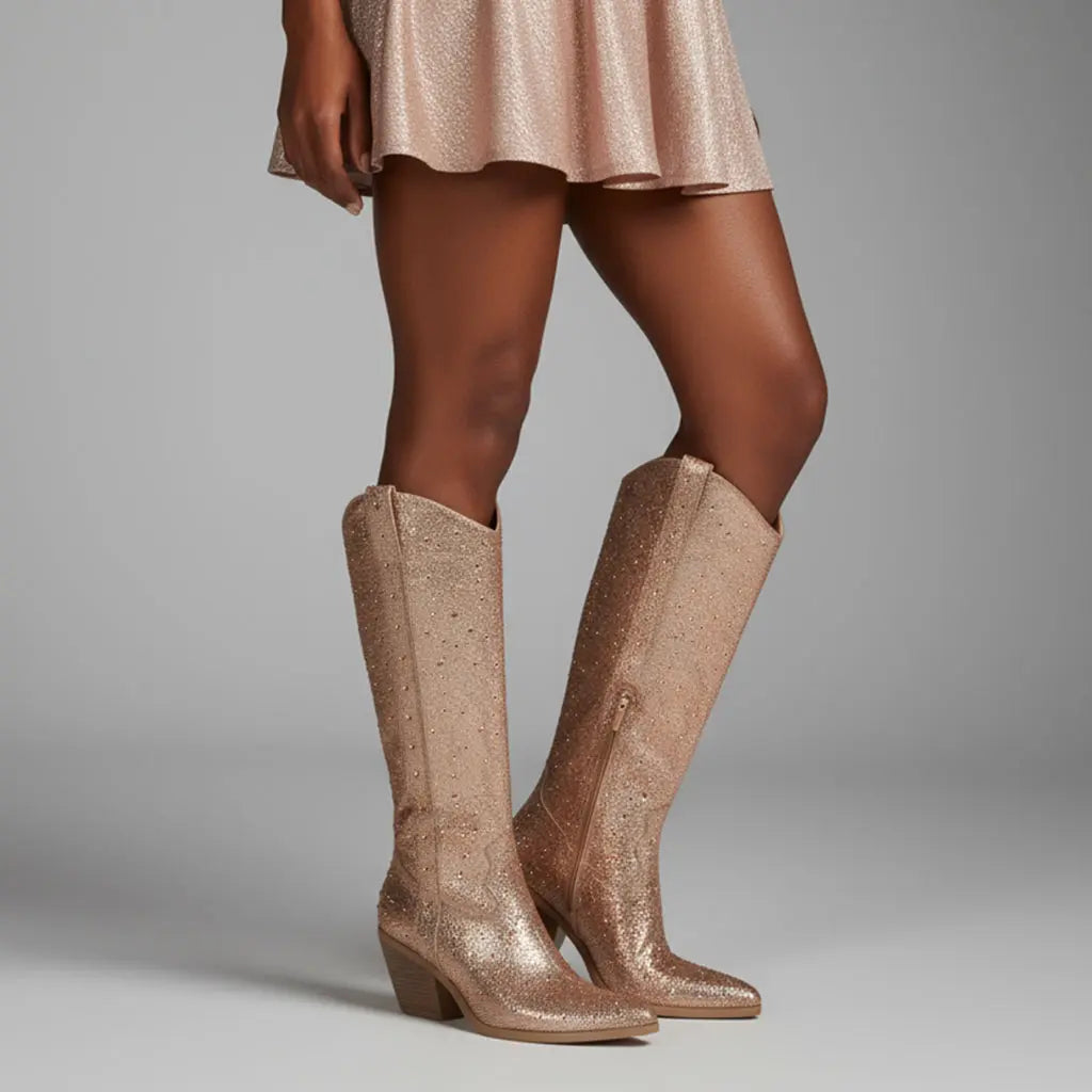 Tuhoomall Rhinestone Western Mid Calf Boots For Women - Chunky Heel & Easy Zip Closure, Stylish For Travel And Weddings Tuhoomall