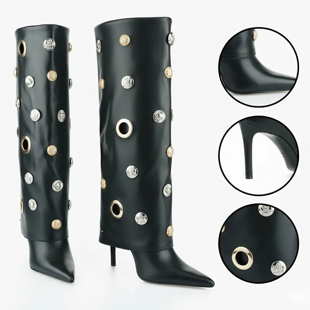Tuhoomall Stylish Knee-High Women's Boots with Pointed Toe, Hollow Design and Metal Accents for Parties, Performances and Fashion Events Tuhoomall