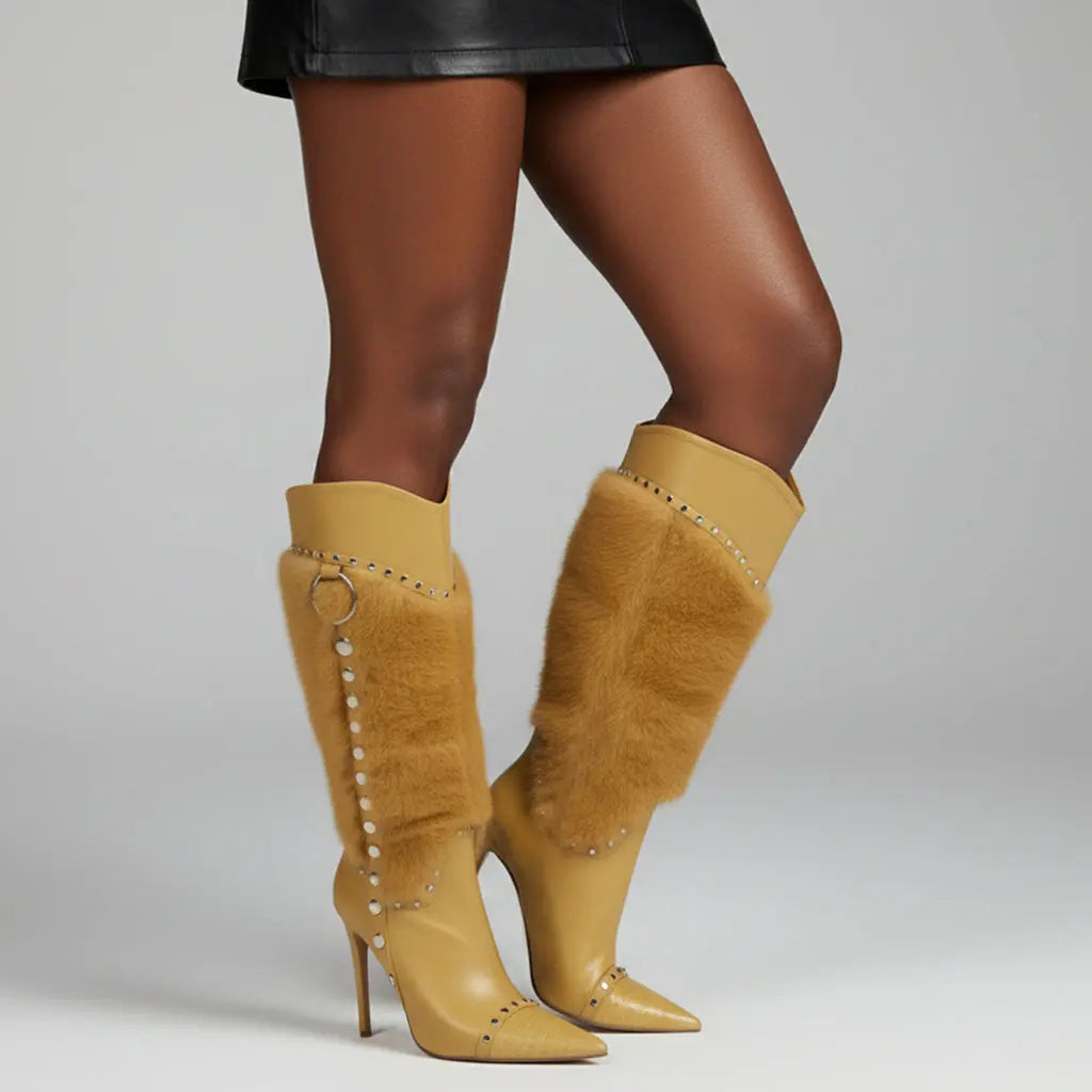 Tuhoomall Heel Fashion Boots for Women, Elegant Pointed Toe High Heels with Studs and Faux Fur, Ideal for Parties and Performances Tuhoomall