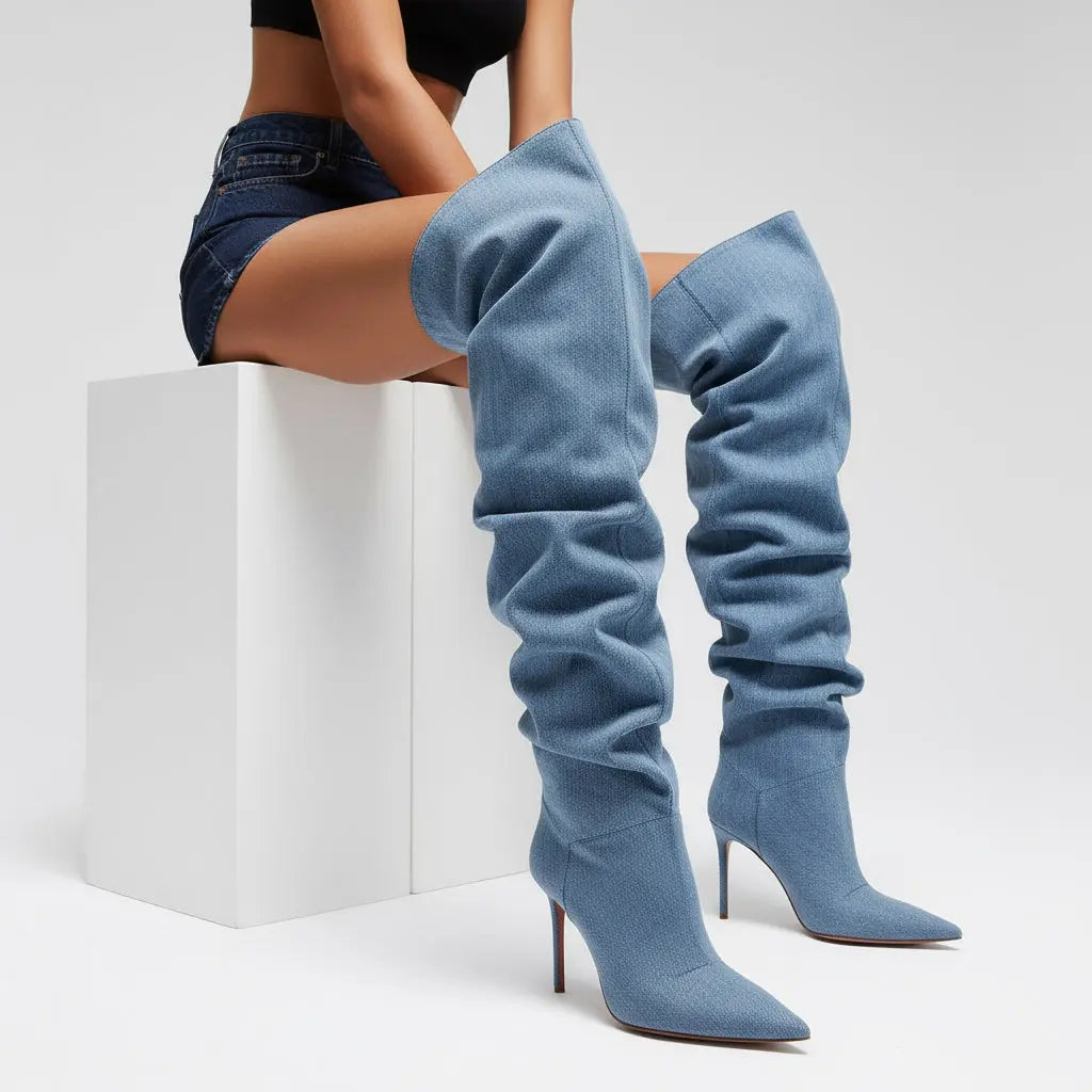 Tuhoomall Blue Denim Slouchy Pointy Thigh High Stiletto Heel Over Knee Boots For Women Tuhoomall