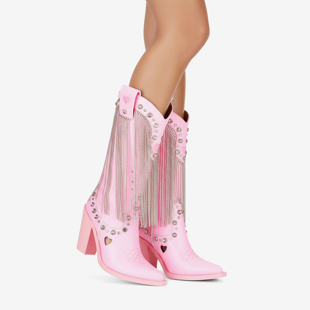 Tuhoomall Chunky Heel Western Rhinestone Booties with Fringes for Fashion Events, Pointed Toe, Slip-On Style, All-Day Comfort, Eye-Catching Design
