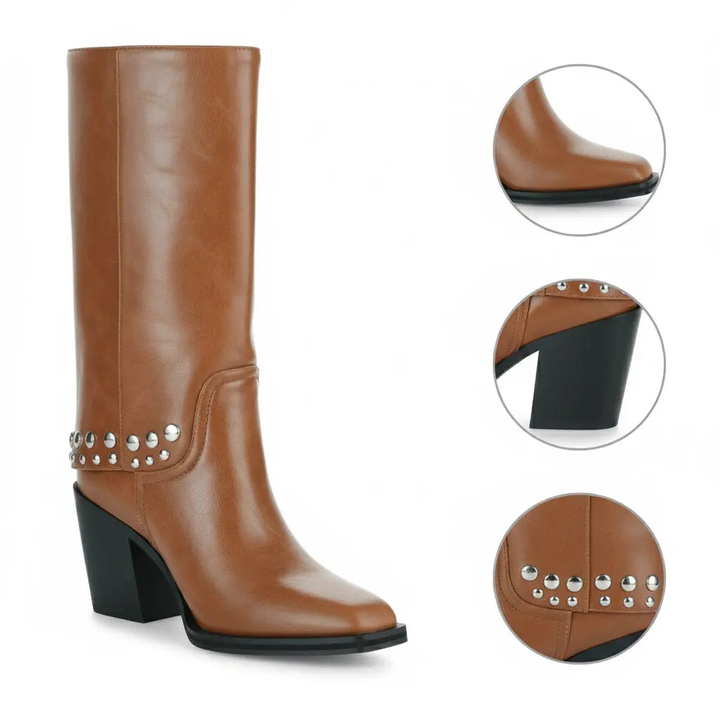 Tuhoomall Synthetic Leather Chunky Heel Ankle Boots with Metal Buckle for Casual Work and Outdoor Activities Tuhoomall