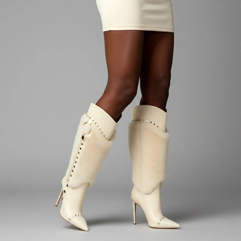 Tuhoomall Heel Fashion Boots for Women, Elegant Pointed Toe High Heels with Studs and Faux Fur, Ideal for Parties and Performances Tuhoomall