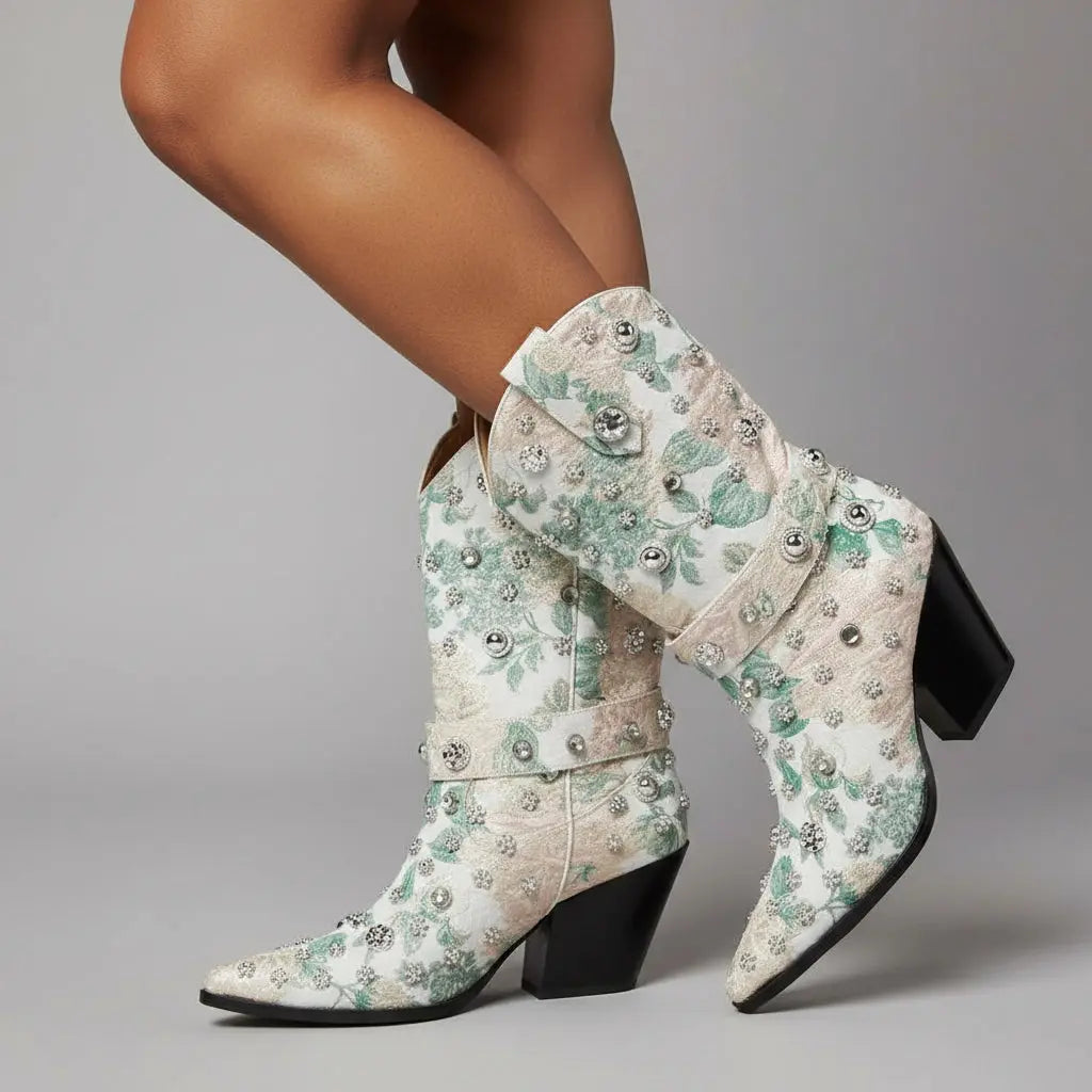 Tuhoomall Western Floral Embroidered Rhinestone Mid Calf Boots for Women, Chunky Heel, Water-Resistant Satin, Stylish for Spring Autumn Winter Tuhoomall