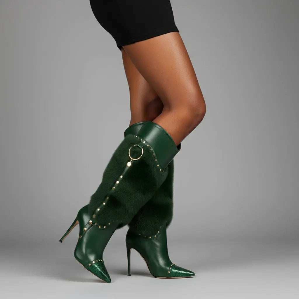 Tuhoomall Heel Fashion Boots for Women, Elegant Pointed Toe High Heels with Studs and Faux Fur, Ideal for Parties and Performances Tuhoomall