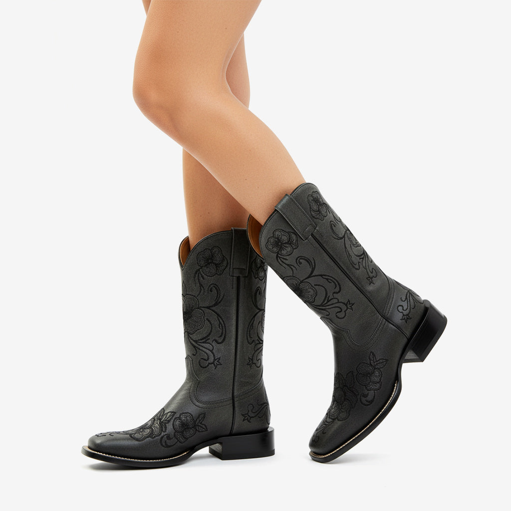Tuhoomall Western Style Vintage Embroidered Cowboy Boots for Women, Casual Ankle Length, Chunky Heel, Slip-On Design, Perfect for Spring, Autumn, and Winter