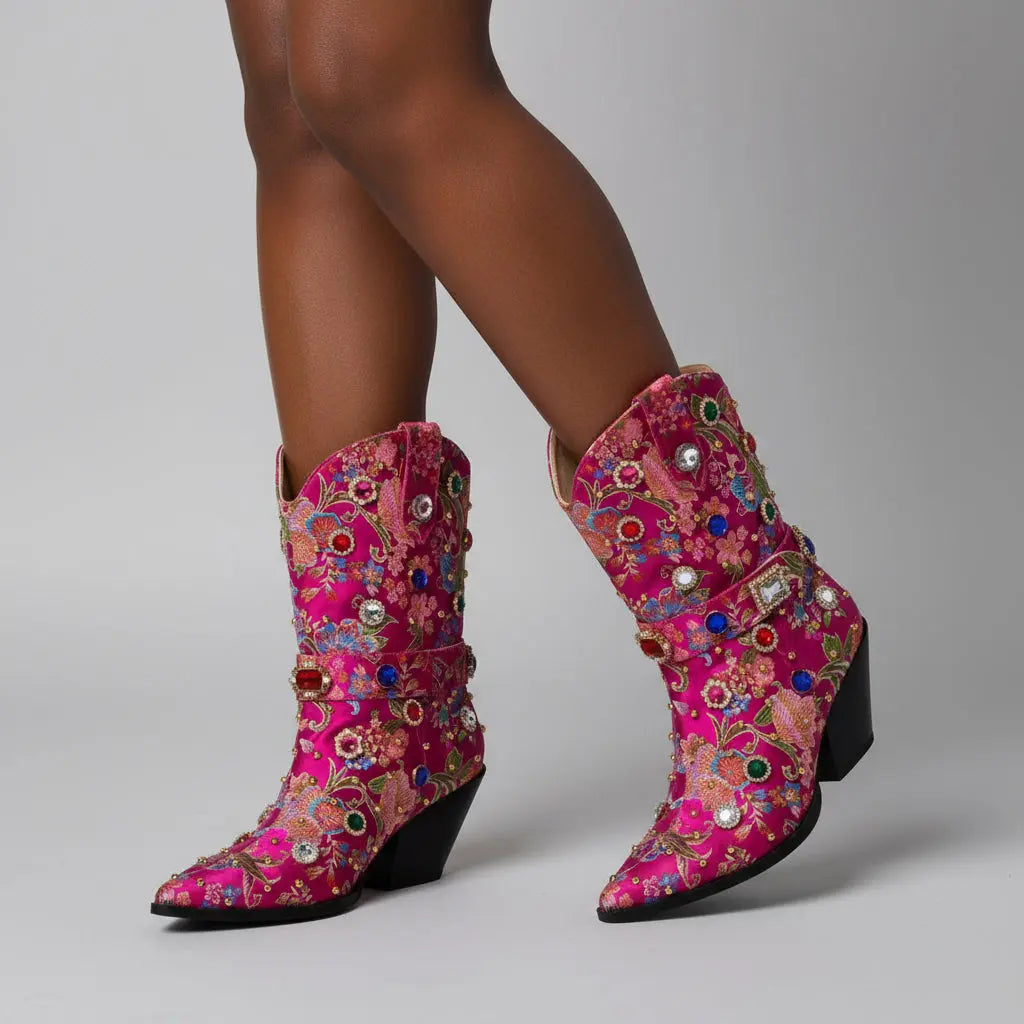 Tuhoomall Western Floral Embroidered Rhinestone Mid Calf Boots for Women, Chunky Heel, Water-Resistant Satin, Stylish for Spring Autumn Winter Tuhoomall