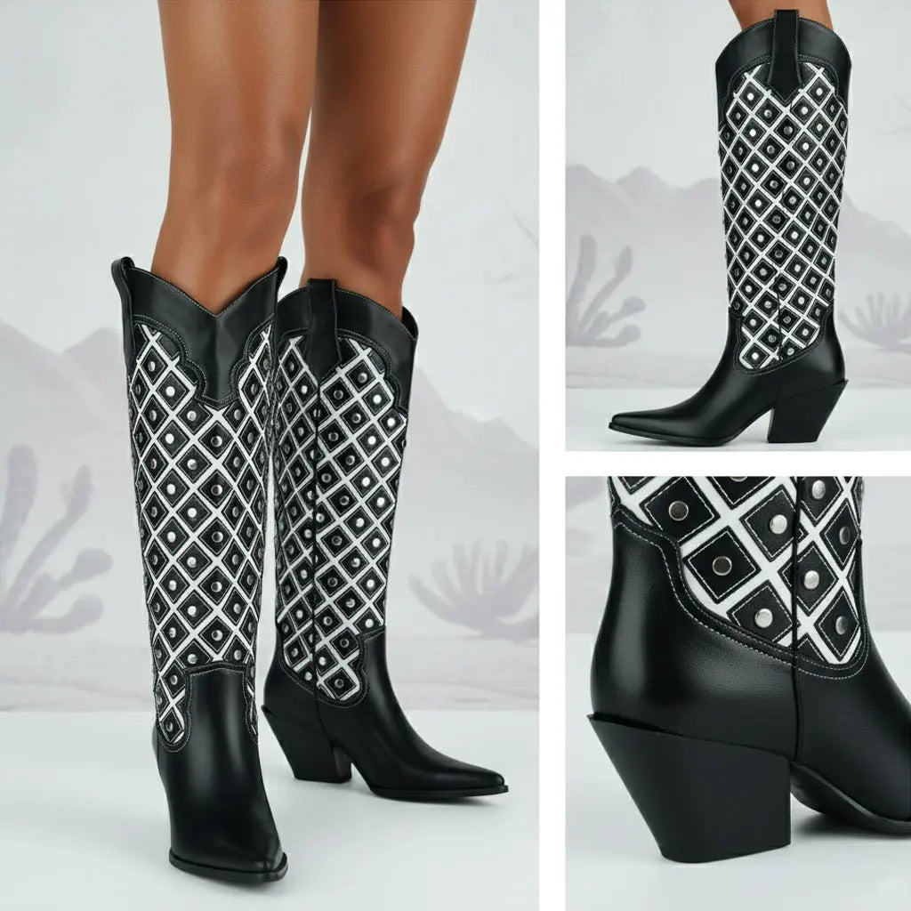 Tuhoomall Western Cowboy Knee High Boots for Fashion, Outdoor, and Casual Wear, Featuring Chic Geometric Patterns and Chunky Heel Design Tuhoomall