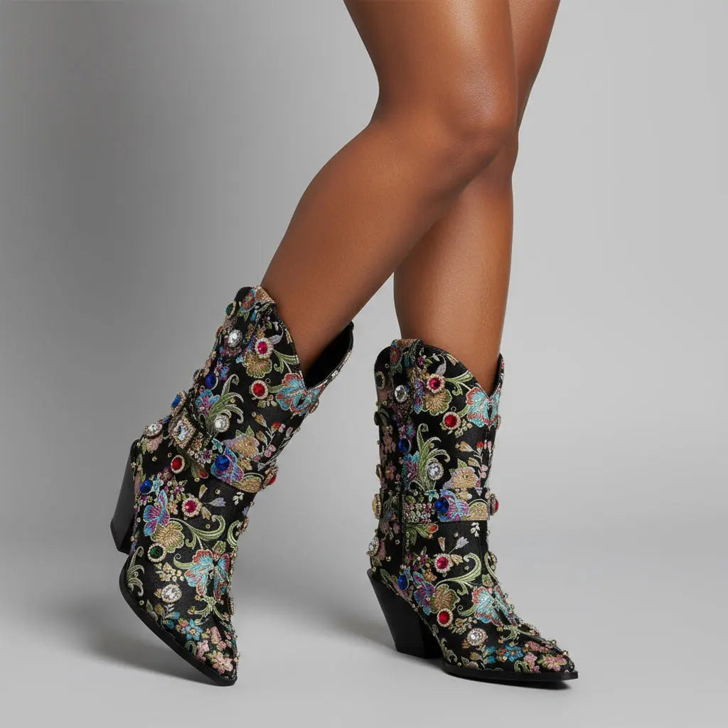Tuhoomall Western Floral Embroidered Rhinestone Mid Calf Boots for Women, Chunky Heel, Water-Resistant Satin, Stylish for Spring Autumn Winter Tuhoomall