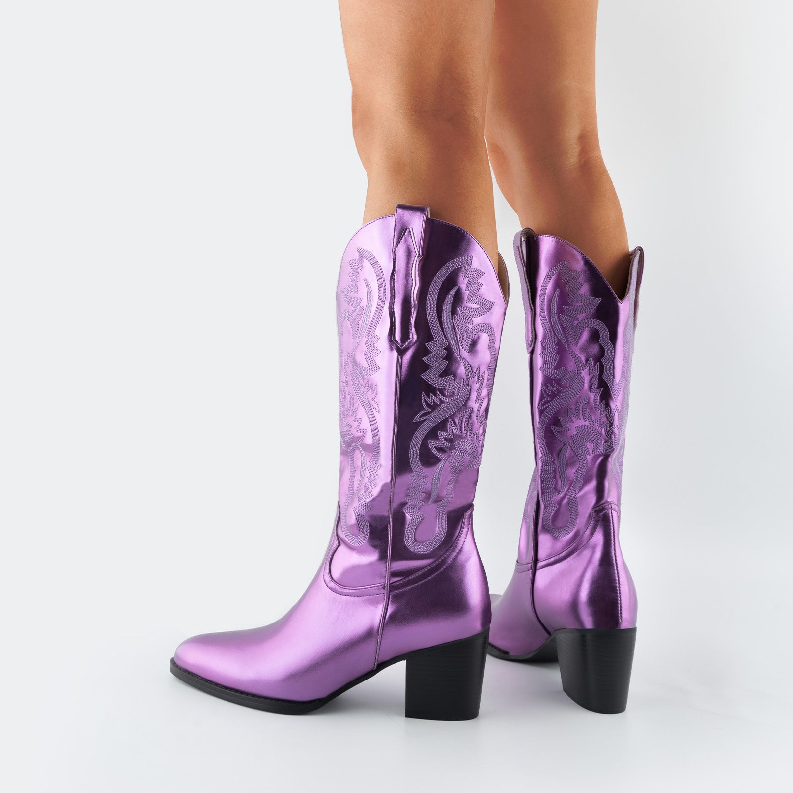 Tuhoomall Western Style Embroidered Mid Calf Boots for Women, Pointed Toe, Chunky Low Heel, Fashionable All-Season Footwear, Perfect for Parties