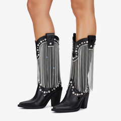 Tuhoomall Chunky Heel Western Rhinestone Booties with Fringes for Fashion Events, Pointed Toe, Slip-On Style, All-Day Comfort, Eye-Catching Design