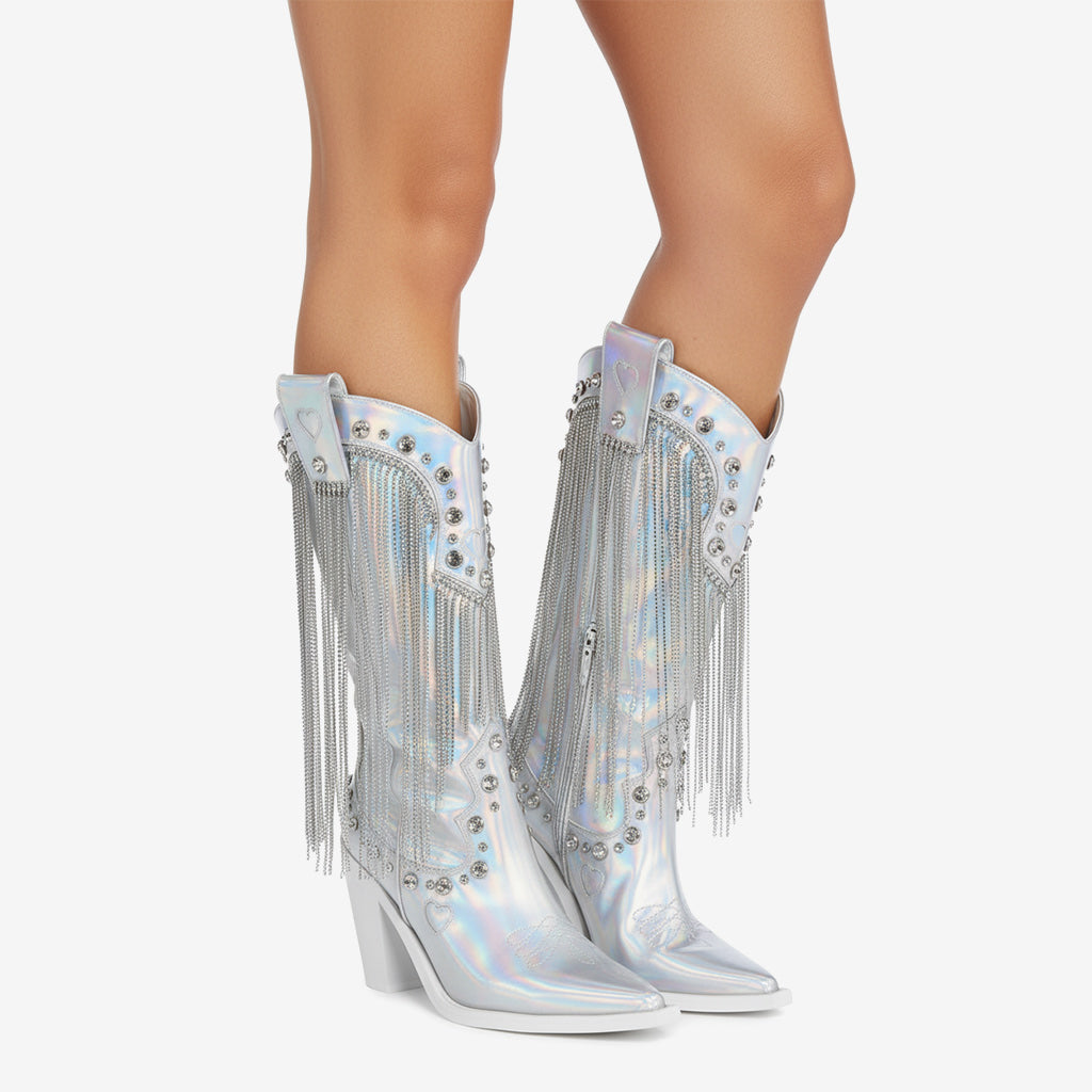 Tuhoomall Chunky Heel Western Rhinestone Booties with Fringes for Fashion Events, Pointed Toe, Slip-On Style, All-Day Comfort, Eye-Catching Design