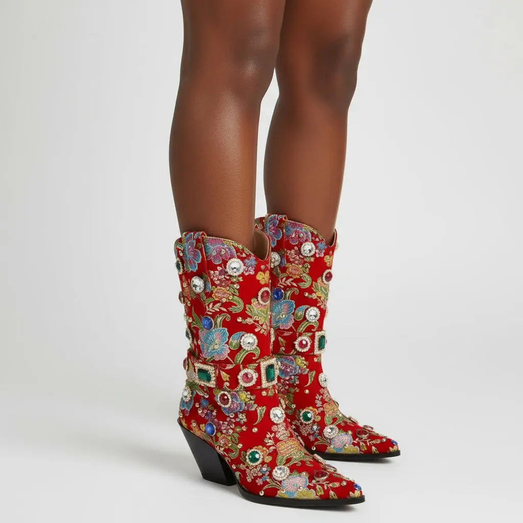 Tuhoomall Western Floral Embroidered Rhinestone Mid Calf Boots for Women, Chunky Heel, Water-Resistant Satin, Stylish for Spring Autumn Winter Tuhoomall