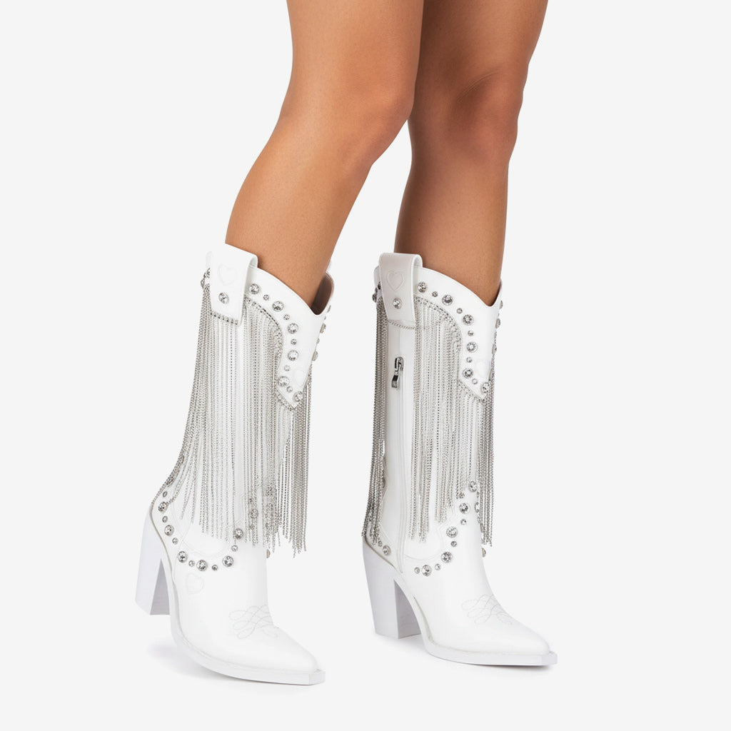 Tuhoomall Chunky Heel Western Rhinestone Booties with Fringes for Fashion Events, Pointed Toe, Slip-On Style, All-Day Comfort, Eye-Catching Design