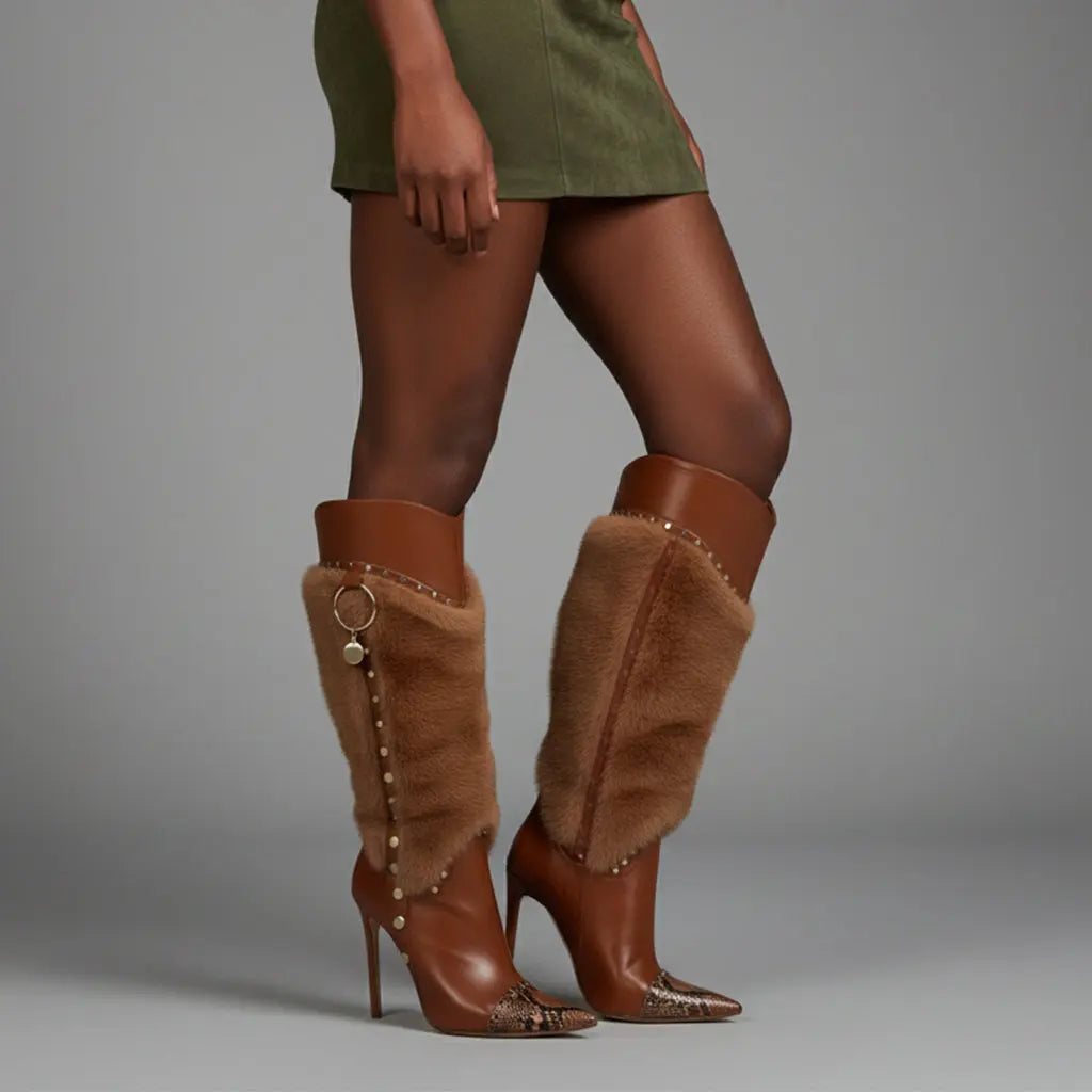 Tuhoomall Heel Fashion Boots for Women, Elegant Pointed Toe High Heels with Studs and Faux Fur, Ideal for Parties and Performances Tuhoomall