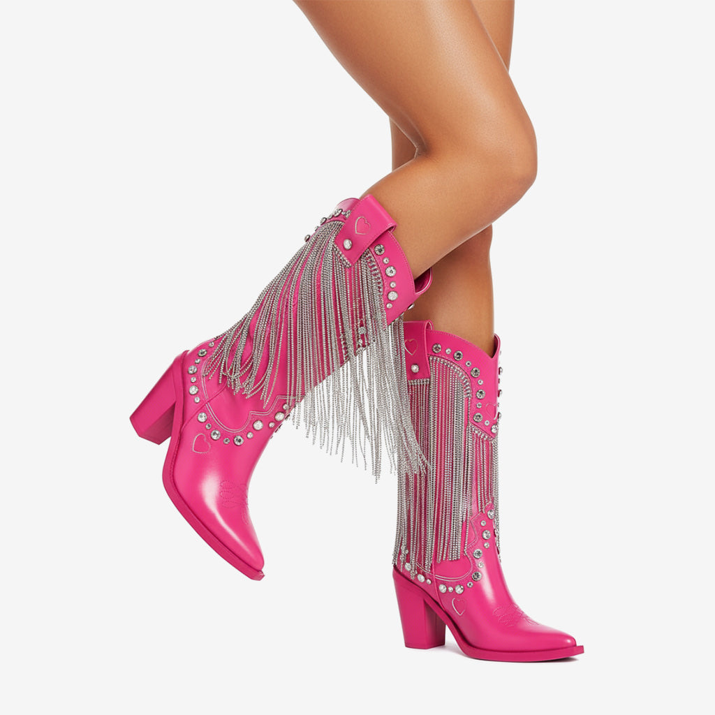 Tuhoomall Chunky Heel Western Rhinestone Booties with Fringes for Fashion Events, Pointed Toe, Slip-On Style, All-Day Comfort, Eye-Catching Design
