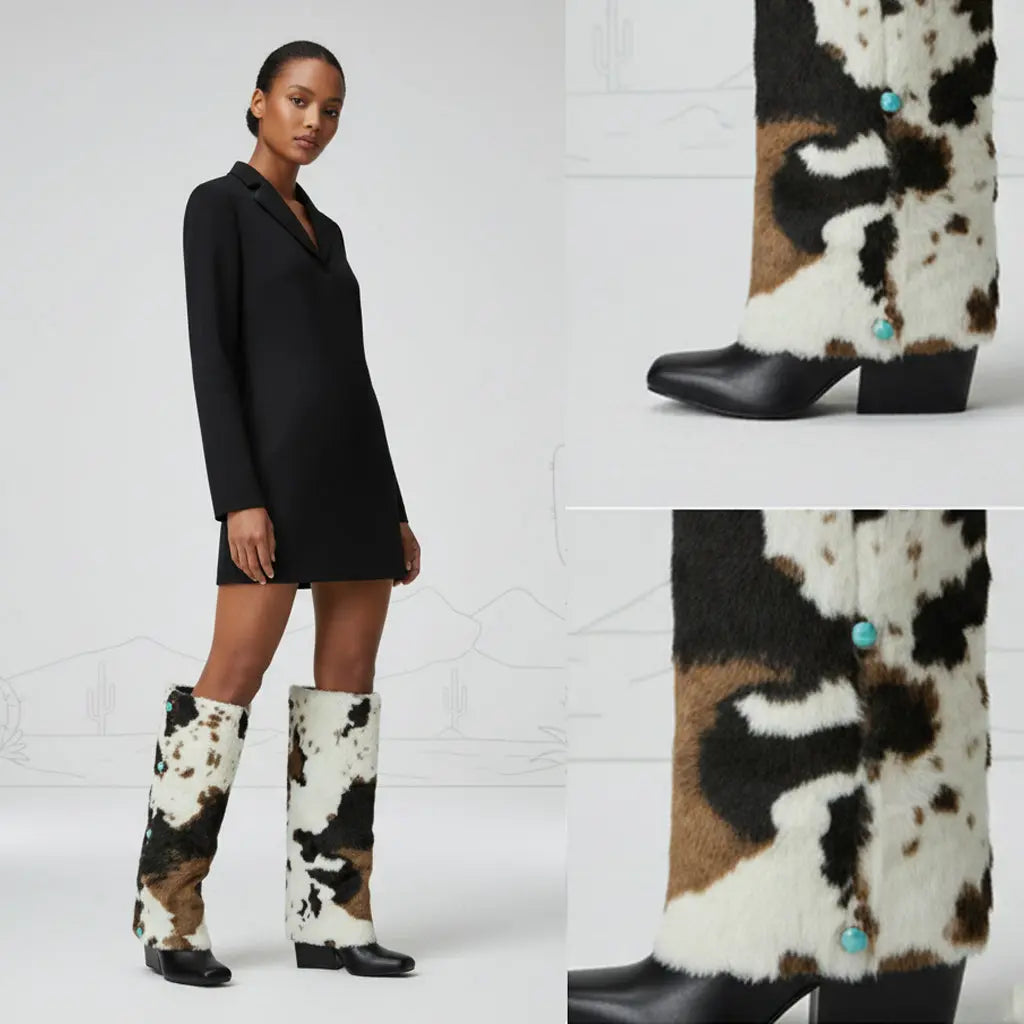 Tuhoomall Knee-High Western Boots for Parties and Special Occasions with Colorful Buckles and Jewel Hardware, Chunky Heel, Stylish Design Tuhoomall