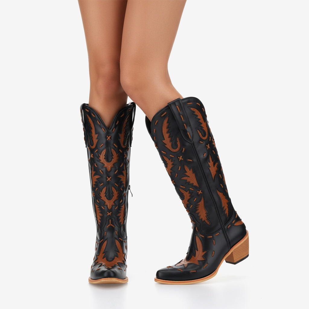Tuhoomall Western Knee-High Cowboy Boots With Chunky Heel, Stylish Suede , Chic Patchwork Design For Comfort In Casual Outfits