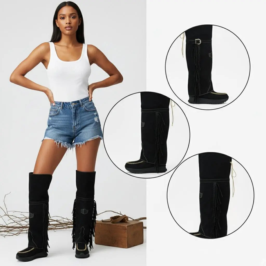 Tuhoomall Waterproof Over-The-Knee Flat Boots, Comfortable Thick Sole with Tassels, Stylish Bohemian Design for Casual Parties Tuhoomall