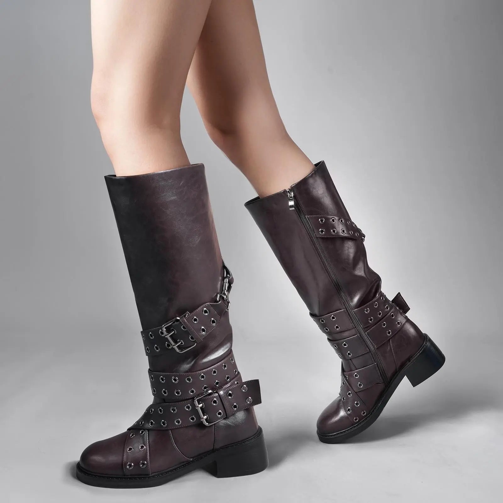 Tuhoomall Knee-High Stylish PU Combat Boots for Women with Adjustable Buckles and Metallic Accents, Casual and Formal Wear, Comfortable Low Chunky Heel Tuhoomall