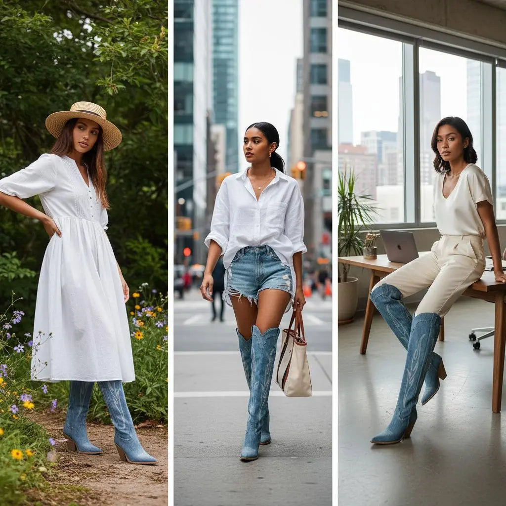 Tuhoomall Vintage Embroidered Knee-High Cowboy Boots for Women, Chunky Heel, Rubber Sole, Faux Suede Lining, Casual Fashion for Spring & Autumn Tuhoomall