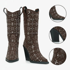 Tuhoomall Western Floral Embellished Mid-Calf Boots for Women, Comfortable Chunky Heel, Perfect for Bohemian Parties and Performances Tuhoomall