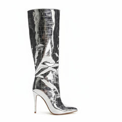 Tuhoomall Shiny Metallic Pointed Toe Mid-Calf Boots for Fashion Forward Performance - Rubber Sole, 3.75 in Heels, Mock-Croc Design, All Season